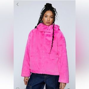 Barbie pink faux fur hooded zip coat